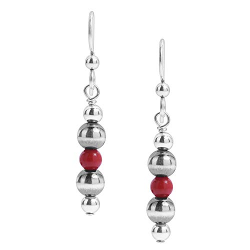American West Sterling Silver Red Coral Gemstone Beaded Dangle Earrings