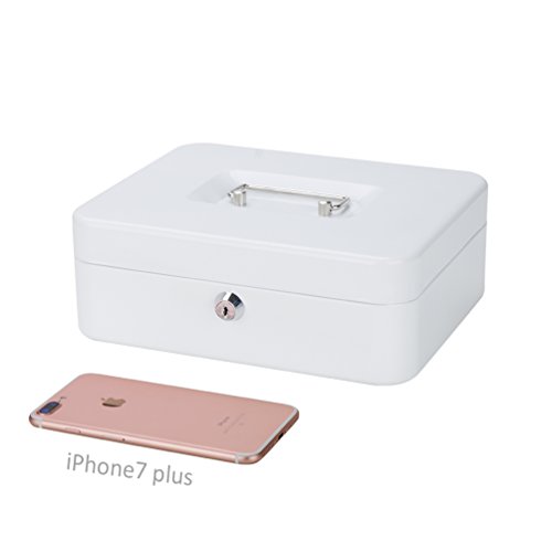 Metal Cash Box with Money Tray, Decaller Money Box with Key Lock for Security (White, Medium - 9 4/5" x 7 4/5" x 3 1/2"), QH2507M