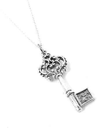 Antique Inspired Ornate Victorian Key Charm Necklace Sterling Silver Jewelry