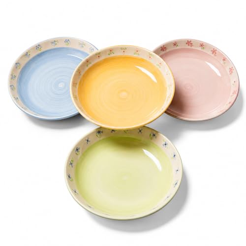 BICETTO Hand-Painted Floral Ceramic Pasta Bowls, Set of 4, 8.4" 35oz