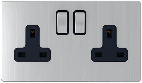 AET SL2GSOCBS 2 Gang 13 A Screwless Socket with Black Insert Metal Rocker Switch