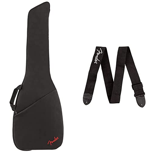 Fender FB405 Electric Bass Gig Bag, Black & Logo Guitar Strap, 2in
