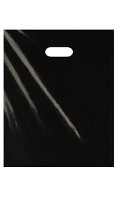 100 Pack 12" x 15" with 1.25 mil Thick Black Merchandise Plastic Glossy Retail Bags | Die Cut Handles | Perfect for Shopping, Party Favors, Birthdays, Children Parties | Color Black | 100% Recyclable