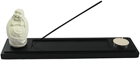 Seraphic Black Wood Incense Burner Holder Tray with Happy Buddha Figurine