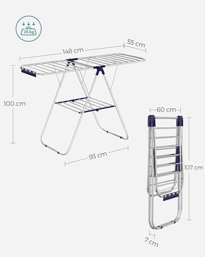 SONGMICS Tendedero de Ropa Plegable,Alas Ajustables, 33 Barras y 27 Pinzas, Perchero Metálico para Ropa Sucia, Plata y Azul MLLR52BU