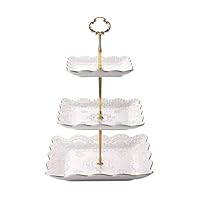 3-Tier Square Ceramic Cupcake Stand - Golden Edge Elegant Embossed Porcelain Dessert Display Cake Stand - For Birthday Weddings Tea Party