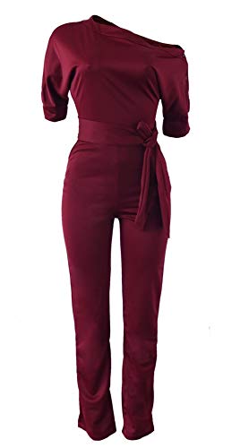 VLUNT Womens Elegant Solid Off Shoulder High Waisted Jumpsuit Romper with Belt for Party Club - Thumbnail 4