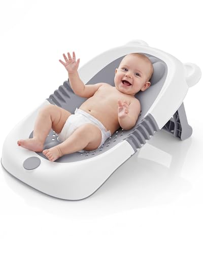 Foldable Baby Bath Tub with Stand, Newborn Bathtub with Non-Slip Seat and Suction Cups, Baby Must Haves for 0-6 Months, Newborn Gift