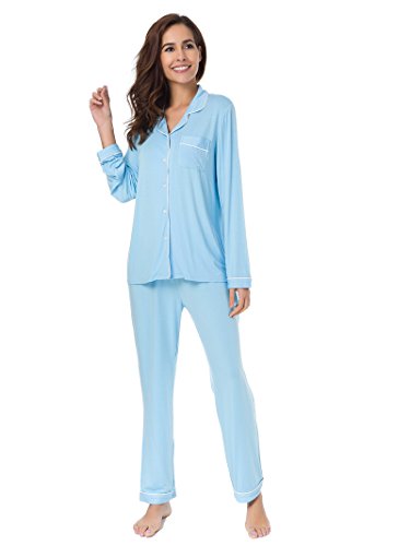 SIORO Pajamas for Women Sleepwear Soft PJ Set Loungewear Long Sleeve Pjs Top with Pants, Light Blue with White Piping, S