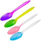 Color Changing Reusable Spoons, Pack of 25, Assorted Colors, BPA Free, USA Packed reacts to cold food temperatures and changes color -yogurt, ice cream, gelato, cold drinks
