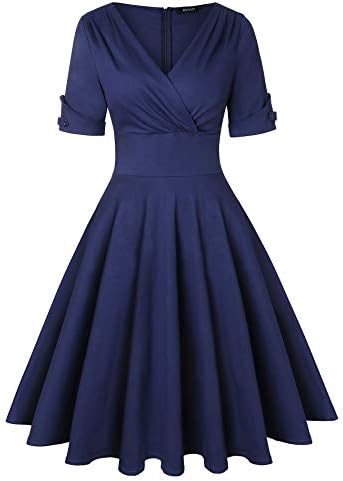 ROOSEY Women's 1950s Vintage Deep V Neck Half Sleeve Retro Cocktail Swing Dress