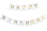 Peicees White Happy Birthday Bunting Banner with Gold Letters