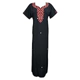 Womens House Dress Kaftan Black Neck Embroidered Green Hippie Maxi Caftan