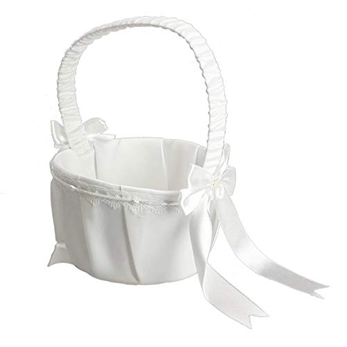 White Ivory Bow Wedding Blower Basket Ceremony Festive Party Love Case Satin Flower Girl Basket - Thumbnail 6