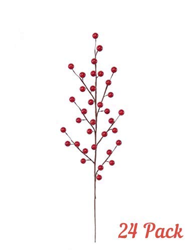 24 Artificial Red Holly Berry Stem Picks - Decorative Wire Stem Branch Sprays for Christmas Tree Decoration, Holiday Décor, Silk Flower Arrangements, Home DIY Crafts, 35 Red Berries on each Stem - Thumbnail 5