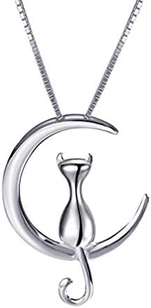 Bigoing Fine Jewelry Moon cat Pendant Necklace,S925 Sterling Silver Simple Temperament Cute Moon Necklace Cat Necklace Clavicle Chain, for Fashion Women Girl