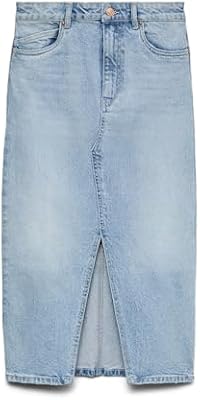Gonna in Denim Lunghezza al Polpaccio con Spacco 5 Tasche Maxi Skirt, Colore:Azzurro, Taglia:S