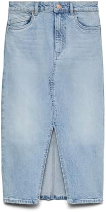 Gonna in Denim Lunghezza al Polpaccio con Spacco 5 Tasche Maxi Skirt, Colore:Azzurro, Taglia:S