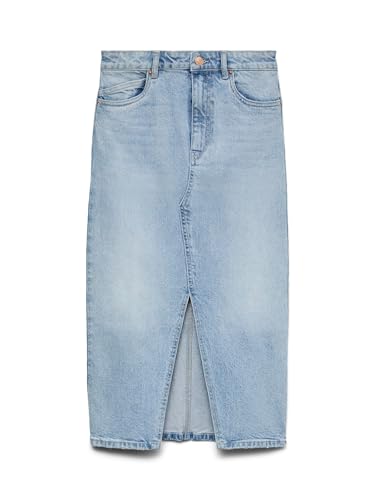 Gonna in Denim Lunghezza al Polpaccio con Spacco 5 Tasche Maxi Skirt, Colore:Azzurro, Taglia:S