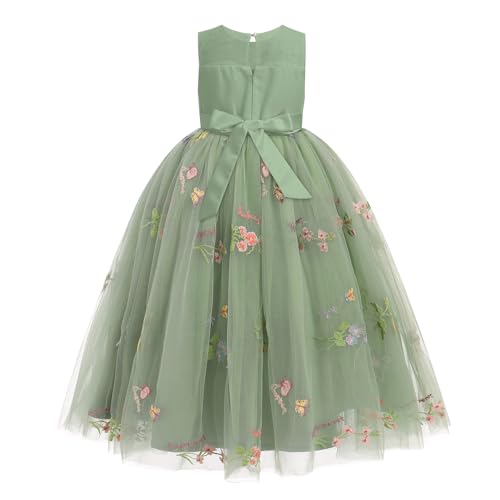 IWEMEK Kleid für kleine Mädchen, Tüll, rückenfrei, lang, Ball, ohne Puffärmel, Prinzessin, Abendkleid, Hochzeit, Brautjungfer, Taufe, Party, Geburtstag, grün, 9-10 Jahre