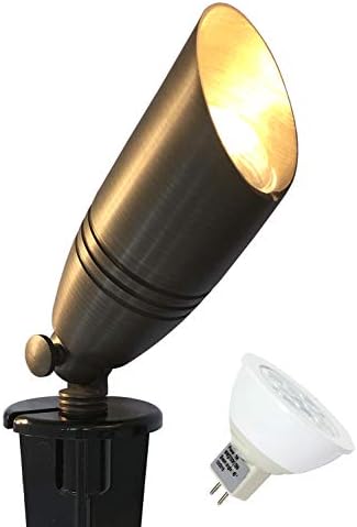 GKOLED UL Listed Stable Brass Panorama Highlight, Low Voltage Out of doors Directional Uplight, with 5W MR16 LED Bulb & Massive Rugged Slot Spike, 12V AC/DC Backyard Patio Spot Up Gentle