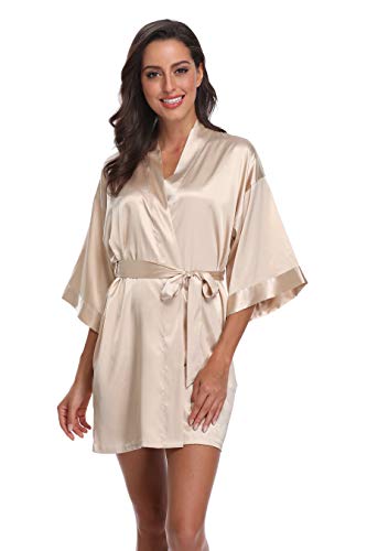 Women's Silky Bride Bridesmaid Kimono Robes Short Wedding Party Getting Ready Robe Dressing Gown with Gold Glitter, Bridesmaid Champagne M - Thumbnail 2
