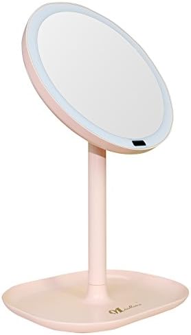 Makeup Mirror, MissMeeca Natural Daylight Lighted Vanity Mirror Tabletop 360 Degree Swivel with Infrared Sensor, 30 LEDs, 7x Magnification Cosmetic Bathroom Mirror(Pink)