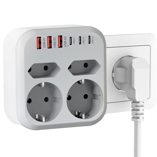 Thief Flat Sockets, 10 in 1, Multiple Plug with 6 USB, 2 Schuko and 2 EU Plugs, Wall Sockets, Double Plug 3500W, Thief USB C Plugs for Mobile, Family, Office, Kitchen, Grey White