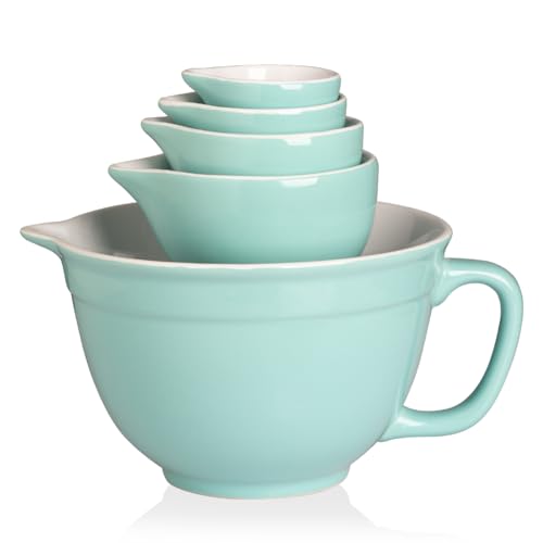 Sweejar Porcelain Mixing Bowl with Scale, Ceramic Serving Container for Kitchen, Nesting Bowl with Handle, Using for Baking, Prepping, Cooking, Set of 5 (Turquoise)