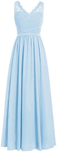 Neweer Long Bridesmaid Dress V-neck Chiffon Prom Dress Lace Evening Dress Light Sky Blue US10