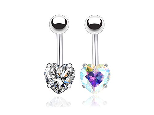 14G Surgical Steel Belly Button Rings Sparkly Heart Cubic Zirconia Navel Barbell Studs Sexy Body Piercing Set for Women Girls â€¦ (Top Ball 2 Pcs(Clear+AB Colour))