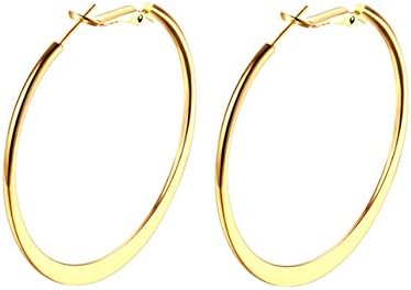 18K Gold Polished Flattened Big Hoop Earrings with Omega Backs, thick 2mm round 2"