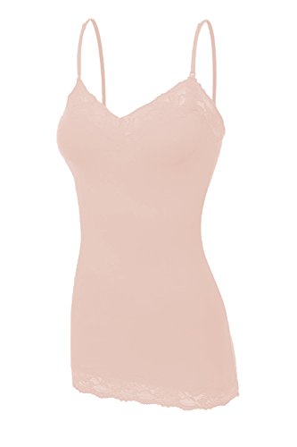XT1004L Ladies Adjustable Spaghetti Strap Lace Trim Long Tunic Cami Tank Top L.Pink XL
