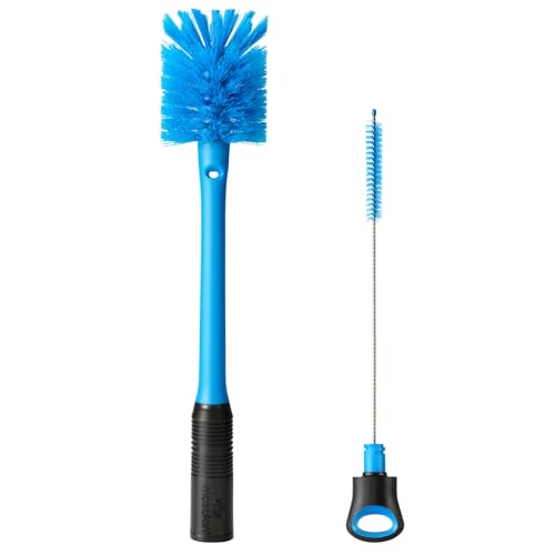 MOSOLAN 2-in-1 Water Bottle Brush and Straw Cleaner Brush, Long Handle Scrub Brush with Replaceable Head for Water Bottles, Glasswares, Mugs, Flasks, Tumblers, Vases, and Kitchen Sink, Breezy Blue