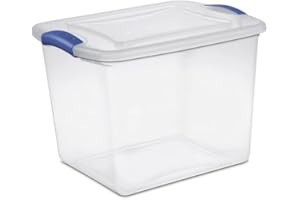 Small Clear Plastic Storage Bin with Blue Latch – 26L Stackable Organizer Box with Lid