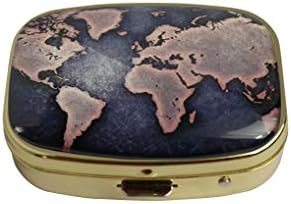 LCTCKP Custom Fashion Square Glass Gold Pill Case Decorative Metal Western Medicine Tablet Container Box (World Map)