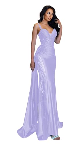 Sequin Mermaid Prom Dress with Train Sparkly V Neck Party Gown Spaghetti Straps Satin Formal Evening Dresses Lavender at Amazon
