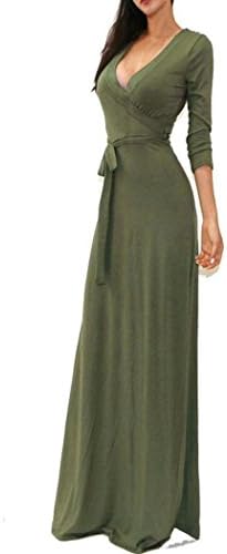 OVERMAL Women's Solid V-neck 3/4 Sleeve Wrap Waist Long Maxi Dress (Medium, Army Green)