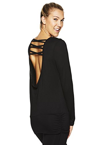 Gaiam Women's Pullover Long Sleeve Yoga Shirt - Activewear Top w/Strappy Open Back Options - Black (Tap Shoe) - Hannah, Small