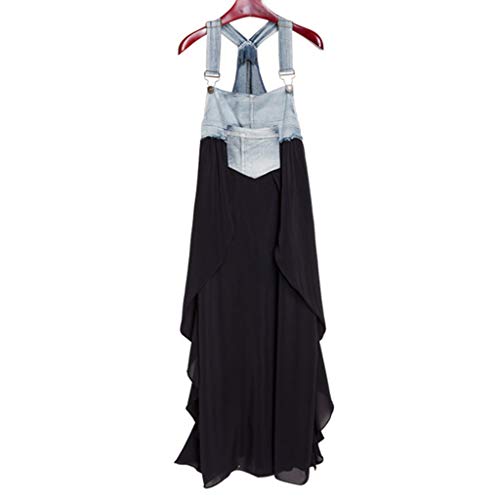 Mysky Women Summer Popular Casual Brief Jeans Splicing Ruffle Hem Pocket Plus Size Strap Dress Black