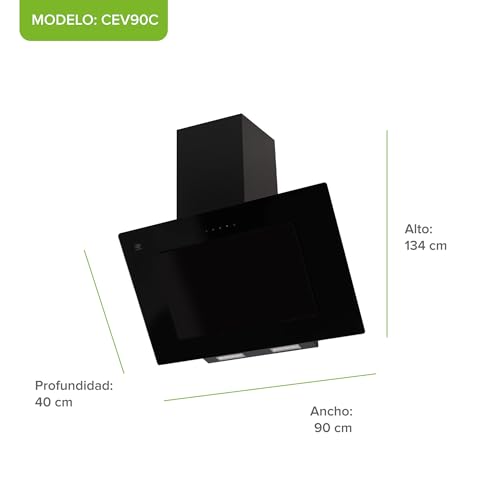 AVERA Campana para cocina de pared 90 cm, Diseño tipo pantalla, 3 velocidades, Filtros de malla metálicosy carbón activado, Acero inoxidable y vidrio templado, Control WIFI y panel digital | CEV90C