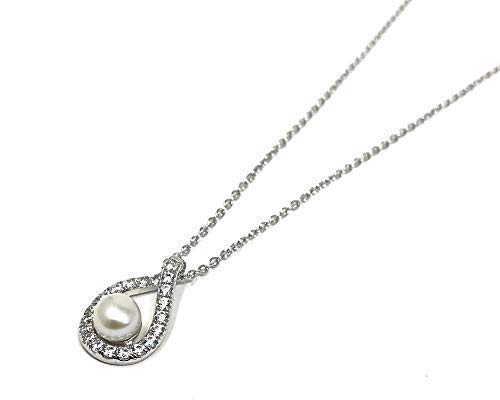 Strictly Gifts Sterling Silver Necklace with Cubic Zirconia Teardrop Outline and Freshwater Pearl