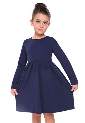 Arshiner Little Girls Long Sleeve Solid Color Casual Skater Dress,Navy Blue,120(Age for 6-7Y)