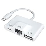 USB Camera OTG Adapter,3 in 1 Wired RJ45 Ethernet LAN Network Adapter with USB Male to Female OTG Data Sync Cable Charging Port Compatible with iPhone/iPad, Card Reader