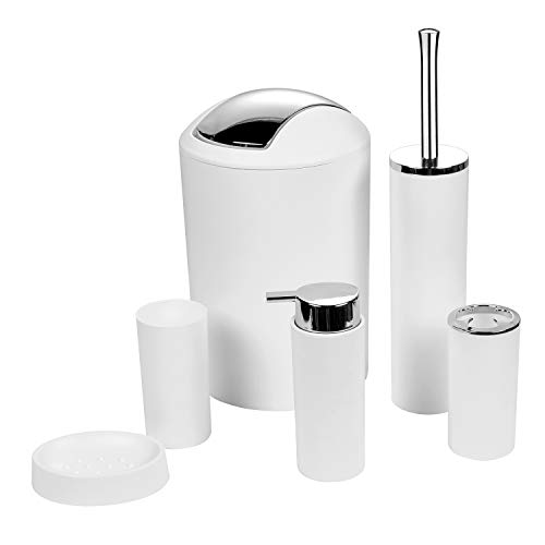 Zuvo 6 Pcs Plastic Bathroom Accessory Set Luxury Bath Accessories Bath Set Lotion Bottles, Toothbrush Holder, Tooth Mug, Soap Dish, Toilet Brush, Trash Can, Rubbish Bin (White 2)
