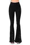 COCOLEGGINGS Women's Eyelet Strappy Bandage Bell Bottoms Flared Pants Black L