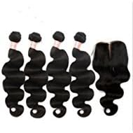 Worldflying Middle Part 4x4 Lace Closure with Brazilian Virgin Hair 4 Bundles Body Wave Human Hair Extensions Natural Color (18 20 22 24 with 16" closure)