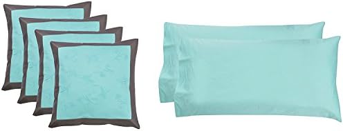 LINENWALAS 100% Cotton -2 Pillow Case With 4 Cushion Covers, Soft Like Silk, Hypoallergenic,Breathable & Cooling Sateen,Hotel Luxury Pillow Cover With Embroidery Cushion Cover-- Turquoise/Aqua