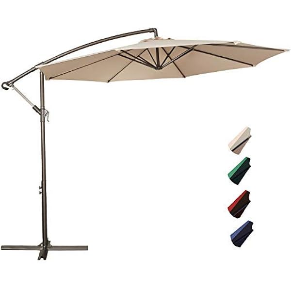 Amazon Com Rubeder Offset Umbrella 10ft Cantilever Patio Hanging Umbrella Outdoor Market Umbrellas With Crank Lift Cross Base 10 Ft Beige Garden Outdoor