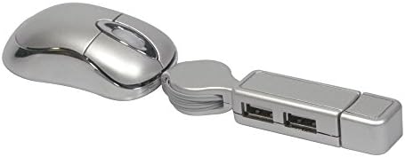 Silver Mini Optical Mouse with 2 Port USB Hub, Retractable Cable.